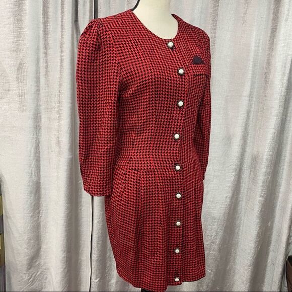 VINTAGE Red Houndstooth Button Down Dress - Picture 3 of 9
